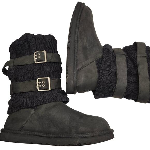 Ugg 1007691 Cassidee Tall Black Suede and Knit Double Buckle Boots - US 9 EU 40 - Picture 2 of 10